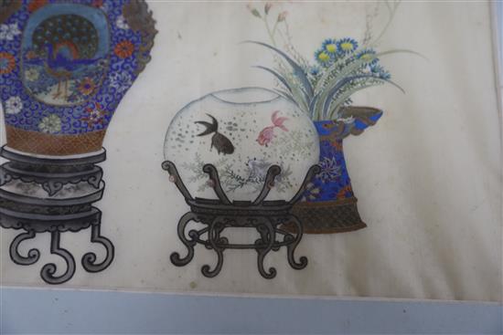 A Chinese painting on silk of antiques and flowers, c.1900,